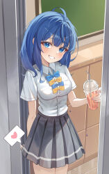  1girl absurdres blue_bow blue_bowtie blue_eyes blue_hair bow bowtie breasts collared_shirt commentary_request cowboy_shot cup grey_skirt grin heart highres holding holding_cup looking_at_viewer make_heroine_ga_oo_sugiru! medium_breasts medium_hair pleated_skirt school_uniform shirt shirt_tucked_in shj1998z skirt smile solo spoken_heart standing tsuwabuki_high_school_uniform white_shirt yanami_anna yellow_bow yellow_bowtie 