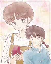  1boy 1girl box braid brown_hair character_name chinese_clothes commentary_request highres holding holding_box open_mouth ranma_1/2 saotome_ranma shii_rumic short_hair single_braid tendou_akane 