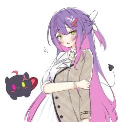  1girl azki_(hololive) azki_(hololive)_(cosplay) bibi_(tokoyami_towa) blush bracelet buibui cosplay demon_tail dress green_eyes hand_on_own_arm highres hololive jewelry long_hair purple_hair tail tokoyami_towa virtual_youtuber white_background white_dress 