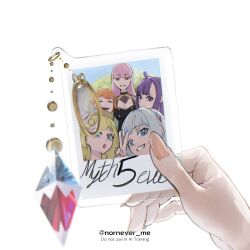  5girls absurdres blonde_hair blue_eyes blunt_bangs gawr_gura hair_ornament hat highres holding holding_photo hololive hololive_english holomyth jewelry long_hair looking_at_viewer mori_calliope multicolored_hair multiple_girls ninomae_ina'nis nornever_me orange_hair photo_(object) pink_eyes pink_hair pov purple_hair shark_hair_ornament smile streaked_hair takanashi_kiara twitter_username v violet_eyes virtual_youtuber watson_amelia 