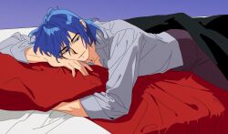  1boy balor_(fields_of_mistria) blue_hair closed_mouth fields_of_mistria grey_pants hashtag-only_commentary highres long_sleeves looking_to_the_side lying male_focus on_stomach pants parted_bangs shirt shrimpun sideways_glance sleeve_cuffs solo under_covers white_shirt 