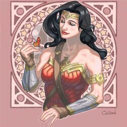  1girl bare_shoulders black_hair bug butterfly butterfly_on_hand circlet commentary_request dc_comics eyelashes light_smile long_hair mixed-language_commentary owl_and red_lips upper_body wonder_woman wonder_woman_(series) wrist_guards 