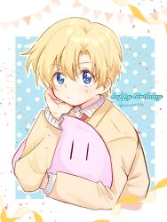  1boy blonde_hair blue_eyes brown_jacket clannad commentary_request confetti dango_daikazoku happy_birthday highres hikarizaka_private_high_school_uniform holding holding_stuffed_toy jacket konomi_(konomi00e) looking_at_viewer male_focus polka_dot school_uniform shirt solo star_(symbol) stuffed_toy sunohara_youhei white_shirt 