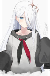  1girl absurdres bloom_festival_(project_sekai) blue_eyes blurry blurry_background blush closed_mouth collarbone commentary_request dot_nose drawstring grey_background grey_hoodie hair_behind_ear hair_between_eyes hair_ornament hair_over_one_eye highres hood hood_down hoodie kunizaki long_hair long_sleeves looking_at_viewer official_alternate_hair_color official_alternate_hairstyle partial_commentary project_sekai sidelocks simple_background sleeves_past_fingers sleeves_past_wrists smile solo star_(symbol) star_hair_ornament straight_hair tied_drawstring upper_body very_long_hair white_hair yoisaki_kanade 
