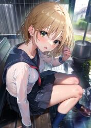  1girl ai-assisted blonde_hair breasts brown_shoes commentary from_side gradient_eyes highres medium_breasts medium_hair multicolored_eyes nekosuke_(797339) original school_uniform serafuku shoes untranslatable_commentary wet wet_clothes 