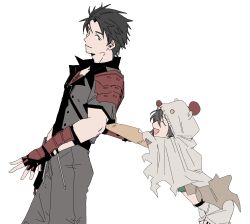  1boy 1girl black_hair cloak closed_eyes commentary_request cowboy_shot final_fantasy final_fantasy_vii final_fantasy_vii_remake fingerless_gloves from_side garbage_paper gloves grey_jacket grey_pants height_difference highres hood hooded_cloak jacket korean_commentary midriff moogle official_alternate_costume open_mouth pants profile pushing short_hair shorts sonon_kusakabe white_background yuffie_kisaragi yuffie_kisaragi_(moogle_hat_&amp;_cape) 