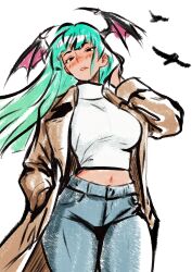  1girl adjusting_hair alternate_costume bird black_eyes blue_pants blush breasts brown_jacket celebelian commentary cowboy_shot crop_top darkstalkers demon_girl demon_wings denim english_commentary floating_hair from_below green_hair half-closed_eyes hand_in_pocket head_wings highres jacket jeans large_breasts long_hair long_sleeves looking_at_viewer looking_down midriff morrigan_aensland navel pants parted_lips shirt simple_background solo swept_bangs teeth thick_thighs thighs white_background white_shirt wings 
