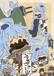  1boy 3girls aqua_(konosuba) blonde_hair blue_eyes blue_hair blue_skirt blush boots breasts brown_hair commentary_request crying darkness_(konosuba) hair_ornament hair_rings highres izawa_(bhive003) kono_subarashii_sekai_ni_shukufuku_wo! long_hair megumin miniskirt multiple_girls open_mouth satou_kazuma skirt sousou_no_frieren sphere_hair_ornament white_background yellow_background 