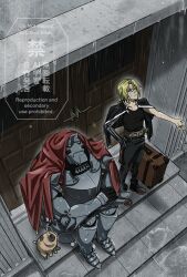  2boys absurdres ahoge alphonse_elric armor black_boots black_gloves black_jacket black_pants black_tank_top blonde_hair boots braid brothers coat_on_head commentary dog door edward_elric full_armor fullmetal_alchemist gloves hand_on_own_hip highres horns hugging_own_legs jacket jacket_on_shoulders light_frown long_hair male_focus mechanical_arms multiple_boys okbdko123 outstretched_hand pants parted_bangs prosthesis prosthetic_arm rain shoulder_spikes siblings single_braid single_horn single_mechanical_arm sitting spikes suitcase sweatdrop tank_top untranslatable_commentary wet yellow_eyes 