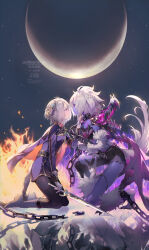  11-chan 2girls ahoge androgynous animal_ears aura breasts cape crossdressing crossdressing_(ftm) crying crying_with_eyes_open dark_aura dark_persona dog_ears dog_girl dual_persona fingerless_gloves fire fire_emblem fire_emblem_shadows gloves glowing glowing_eye grey_hair hair_ornament hair_over_one_eye hairclip highres holding holding_sword holding_weapon kurt_(fire_emblem) monster_girl moon multiple_girls night purple_fire red_eyes reverse_trap short_hair small_breasts sword tears torn_clothes weapon 