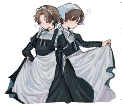  2boys ahoge apron axis_powers_hetalia black_dress blush bow bowtie brothers brown_eyes brown_hair closed_mouth clothes_lift collared_shirt commentary_request cowboy_shot crossdressing crossdressing_(mtf) dress dress_lift enmaided from_side green_eyes hair_between_eyes hair_ribbon hand_on_own_hip headscarf juliet_sleeves lifting_own_clothes long_sleeves looking_at_viewer looking_down maid maid_headdress male_focus multiple_boys muuut_0 northern_italy_(hetalia) puffy_sleeves ribbon shirt short_hair siblings simple_background southern_italy_(hetalia) standing sweatdrop twins waist_apron white_apron white_background white_bow white_bowtie white_headscarf white_ribbon white_shirt 