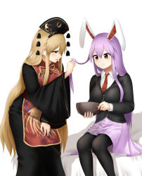  2girls animal_ears black_dress black_hat black_jacket black_pantyhose blazer blonde_hair blush bowl breasts closed_mouth collared_shirt commentary_request crescent_print dalachi_(headdress) doge_(jkdoge) dress eating hat highres holding holding_another's_hair holding_bowl holding_spoon jacket junko_(touhou) large_breasts long_hair long_sleeves multiple_girls neck_ribbon necktie open_mouth pantyhose phoenix_print purple_hair purple_skirt rabbit_ears rabbit_girl red_eyes red_necktie red_tabard reisen_udongein_inaba ribbon shirt sitting skirt smile spoon tabard touhou very_long_hair white_shirt wide_sleeves yellow_ribbon yuri 