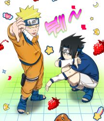  2boys absurdres bandaged_leg bandages black_hair blonde_hair blue_headband blue_shirt blue_shoes closed_eyes commentary facial_mark frown furrowed_brow headband highres jacket jumpsuit konohagakure_symbol male_focus multiple_boys naruto_(classic) naruto_(series) okbdko123 open-toe_shoes orange_jacket orange_jumpsuit orange_pants pants parted_bangs pouch shirt shoes short_hair shorts spiky_hair squatting standing thigh_pouch thumbs_down tile_floor tiles tongue tongue_out uchiha_sasuke untranslatable_commentary uzumaki_naruto whisker_markings white_shorts white_sleeves 