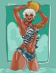  1girl :d ^_^ absurdres animal_print armlet armpits arms_behind_head arms_up ball beachball bikini bikini_top_only bikini_under_clothes blue_eyes blue_shorts blush bracelet breasts closed_eyes cowboy_shot cutoffs dark-skinned_female dark_skin denim denim_shorts earrings elena_(street_fighter) flower green_background grey_hair hibiscus highleg highleg_bikini highres holding holding_ball hoop_earrings jewelry looking_at_viewer looking_down micro_shorts midriff muscular muscular_female navel necklace official_alternate_costume open_mouth print_bikini short_hair short_shorts shorts simple_background smile solith solo street_fighter street_fighter_6 striped_bikini striped_clothes swimsuit teeth toned toned_female triangle_earrings twitter_username very_dark_skin violet_eyes wading water white_background white_hair zebra_print 