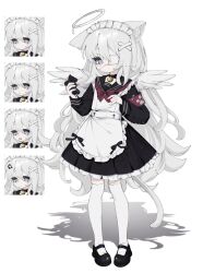  1girl animal_ear_fluff animal_ears apron armband bad_id bad_twitter_id bell black_choker black_dress black_shoes blue_eyes cat_ears cat_girl cat_tail choker closed_mouth dress expressionless eyepatch frilled_apron frilled_dress frills full_body hair_between_eyes halo highres holding holding_stuffed_toy kuro_yagi_(usosakana) long_hair long_sleeves looking_at_viewer maid maid_apron maid_headdress medical_eyepatch neck_bell original red_armband shoes simple_background standing stuffed_animal stuffed_toy tail teddy_bear thigh-highs very_long_hair white_apron white_background white_hair white_thighhighs wings 