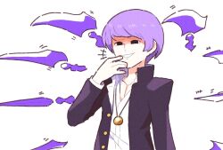  +++ 1boy black_eyes black_jacket byakuya_(under_night_in-birth) commentary commission english_commentary floating floating_object floating_sword floating_weapon furrowed_brow gakuran grin hand_to_own_mouth hand_up inkerton-kun jacket jewelry knife male_focus necklace open_clothes open_jacket purple_hair school_uniform second-party_source shaded_face short_hair smile smug solo sword under_night_in-birth upper_body weapon 