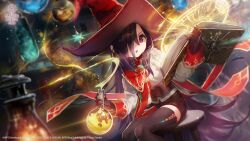  1girl black_corset black_gloves black_hair black_ribbon black_shorts black_thighhighs blurry blurry_background book chair copyright_name copyright_notice corset dual_wielding dutch_angle feet_out_of_frame flask frilled_sleeves frills gloves hair_over_one_eye hair_over_shoulder hands_up hat hat_ornament hat_ribbon heaven_burns_red highres holding holding_book holding_flask indoors laboratory light_particles long_bangs long_hair long_sleeves looking_at_viewer magic_circle official_alternate_costume official_art official_wallpaper on_chair one_eye_covered open_book open_mouth red_eyes red_hat ribbon round-bottom_flask shirt short_shorts shorts sitting solo star_(symbol) star_hat_ornament straight_hair tenne_miko tenne_miko_(marvelous_moment) thigh-highs v-shaped_eyebrows very_long_hair white_shirt witch witch_hat zettai_ryouiki 