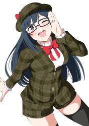  1girl ;d absurdres black_hair black_thighhighs bow bowtie breasts cowboy_shot frilled_shirt frilled_sleeves frills green_hat green_jacket green_shorts grey_eyes hat hat_bow highres jacket long_sleeves looking_at_viewer love_live! love_live!_nijigasaki_high_school_idol_club medium_breasts one_eye_closed open_mouth plaid_clothes plaid_hat plaid_jacket plaid_shorts red_bow red_bowtie shirt shorts simple_background smile solo teeth thigh-highs uchuu_no_mozuku upper_teeth_only white_background white_shirt yuki_setsuna 
