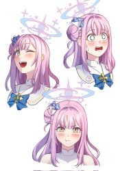  1girl :t auk1098 bare_shoulders blue_archive blue_bow blue_bowtie blue_halo blush bow bowtie closed_mouth commentary_request flower gradient_halo hair_bun hair_flower hair_ornament halo highres korean_commentary long_hair looking_at_viewer mika_(blue_archive) multicolored_halo multiple_views one_eye_closed open_mouth pink_hair pink_halo portrait pout purple_flower simple_background single_side_bun sleeveless smile sweatdrop teeth upper_teeth_only v-shaped_eyebrows white_background yellow_pupils 