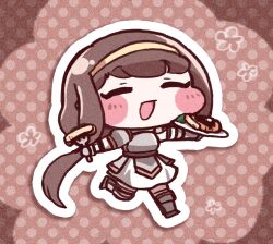  1girl armor armored_boots blush boots breastplate brown_background brown_hair chibi chibi_only closed_eyes elf food fork full_body grey_armor hairband holding holding_food holding_fork holding_plate katsu_(food) low_ponytail open_mouth outstretched_arms plate pointy_ears polka_dot polka_dot_background ponytail rohne_(trickcal) running skirt smile solo spread_arms tkcarbohydrate trickcal white_skirt yellow_hairband 