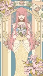  1girl art_nouveau bare_arms bare_shoulders blue_background blue_flower blunt_bangs bouquet brown_background brown_eyes bud commentary dress earrings english_commentary eyelashes fairytale_42022 falling_petals feet_out_of_frame flat_color floral_print flower gold_earrings happy highres holding holding_bouquet hoop_earrings ibispaint_(medium) jewelry lily_(flower) lipstick long_dress long_hair long_sidelocks looking_at_viewer makeup making-of_available nikki_(nikki) nikki_(series) o-ring parted_lips petals pink_flower pink_hair pink_lips print_dress purple_flower shining_nikki sidelocks sleeveless sleeveless_dress smile solo standing straight-on two-tone_background very_long_hair wavy_hair white_flower yellow_dress 