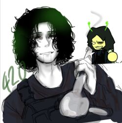  1boy :d antennae bulletproof_vest colored_sclera commentary_request cropped_torso curly_hair drooling dutch_angle empty_eyes flask greyscale grin hand_up holding holding_flask looking_at_viewer looking_down male_focus monochrome no_pupils real_life red_sclera round-bottom_flask salvador_ramos shirt short_hair simple_background smile solo spot_color straight-on thick_eyebrows true_crime user_axyk3548 white_background 