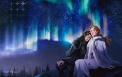  1boy 1girl a_song_of_ice_and_fire artist_name aurora black_cloak black_hair blue_eyes braid cloak closed_eyes commentary commission cousins crown_braid dress english_commentary fur-trimmed_cloak fur_trim game_of_thrones grey_cloak grey_dress hair_between_eyes highres jon_snow keruwich leaning_on_person long_hair medium_hair outdoors parted_bangs parted_lips red_hair sansa_stark scar scar_on_hand sidelocks sitting sky star_(sky) starry_sky wavy_hair 