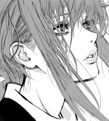  1girl chainsaw_man close-up commentary english_commentary eyelashes greyscale highres looking_up makima_(chainsaw_man) monochrome parted_lips portrait profile profilicnekro ringed_eyes solo 