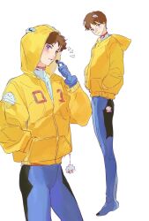  1boy blue_bodysuit blue_eyes blush bodysuit character_doll closed_mouth commentary doll full_body hand_in_pocket hands_in_pockets headphones highres hood hood_down hood_up hooded_jacket ikari_shinji interface_headset_(evangelion) jacket male_focus mecha_pilot_suit multiple_views nagisa_kaworu neon_genesis_evangelion partially_unzipped plugsuit_(evangelion) short_hair simple_background ssssenferda standing untranslatable_commentary white_background wireless_earphones yellow_jacket 