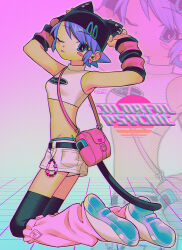  1girl absurdres animal_hat arms_up bag black_thighhighs blue_eyes blush blush_stickers cat_hat cellphone closed_mouth commentary_request crop_top earrings full_body handbag hat heart heart_earrings highres jewelry kneeling looking_at_viewer menma_(enaic31) one_eye_closed original phone pink_bag purple_hair shoes short_hair shorts single_blush_sticker solo thigh-highs tongue tongue_out white_shoes white_shorts zoom_layer 