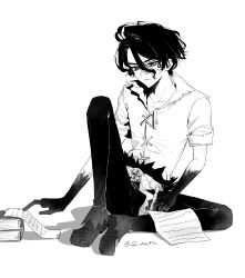  1boy absurdres book closed_mouth colored_skin commentary dr._stone full_body greyscale hair_between_eyes highres holding holding_pen knee_up looking_down male_focus monochrome nanami_sai pants paper pen q_chan972 scroll shirt shoes short_hair short_sleeves simple_background sitting solo torn twitter_username white_background writing 