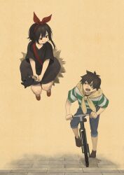  1girl animal black_cat black_dress black_hair bow broom broom_riding brown_hair cat commentary_request cosplay dress hair_bow hairband highres izawa_(bhive003) kiki_(majo_no_takkyuubin) kiki_(majo_no_takkyuubin)_(cosplay) kono_subarashii_sekai_ni_shukufuku_wo! majo_no_takkyuubin megumin open_mouth pants red_bow red_eyes satou_kazuma shirt short_hair striped_clothes striped_shirt tombo_(majo_no_takkyuubin) tombo_(majo_no_takkyuubin)_(cosplay) 