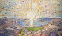  absurdres cliff edvard_munch highres light_rays no_humans ocean oil_painting_(medium) outdoors painting_(medium) scenery sunrise the_sun_(edvard_munch) traditional_media wide_shot 
