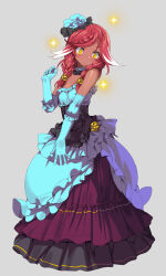  1girl alternate_costume bare_shoulders black_choker black_corset black_dress blue_choker blue_dress blue_flower blue_gloves braid choker closed_mouth colored_tips corset dark-skinned_female dark_skin dress elbow_gloves flower formal_clothes frilled_choker frilled_corset frilled_dress frills full_body gloves grey_background hair_flower hair_ornament hair_over_shoulder hand_up long_dress looking_at_self low_twin_braids medium_hair multicolored_dress multicolored_hair official_artist_extra onono_imoko purple_dress rance_(series) rance_03 red_hair simple_background sioux_province solo sparkle strapless strapless_dress twin_braids two-tone_choker two-tone_hair white_hair 