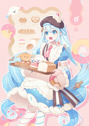  ! 1girl animal apron aqua_eyes aqua_hair blue_bow blue_dress blue_eyes blue_hair blue_sleeves blush bow bowtie bread brown_hat commentary_request detached_sleeves dress dress_bow fen_renlei fingernails food food-themed_clothes food-themed_hat_ornament frilled_apron frills fur-trimmed_dress fur-trimmed_sleeves fur_trim hair_between_eyes hair_ornament hat hat_ornament hatsune_miku highres long_hair long_sleeves looking_at_viewer necktie official_alternate_costume official_alternate_hairstyle open_mouth pink_necktie puffy_sleeves rabbit_yukine short_sleeves snowflake_print twintails two-tone_sleeves very_long_hair vocaloid wavy_hair white_apron yuki_miku yuki_miku_(2026) 