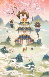  1boy 1girl animal_ears architecture blue_hanfu brown_hair building cat_ears cherry_blossoms chinese_clothes chinese_commentary clouds commentary_request east_asian_architecture facing_away floating_island flower from_behind full_body gate gradient_sky grass hanfu highres hongmao_(hongmao_and_lantu) hongmao_and_lantu humanization lantu_(hongmao_and_lantu) long_hair long_sleeves mountain orange_hanfu pink_flower rabbit_ears red_sky scenery shawl sky smoke standing stone_lantern sword sword_on_back tree very_long_hair weapon weapon_on_back white_flower yellow_shawl yu_xian 