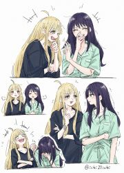  +++ 2girls :3 ahoge black_shirt blonde_hair bracelet cho_kaguya-hime! collarbone commentary crossed_arms eye_contact green_eyes green_pajamas green_shirt green_shorts highres ichi27ichi jewelry kaguya_(cho_kaguya-hime!) laughing long_hair looking_at_another mole mole_under_eye multiple_girls multiple_views open_mouth orange_eyes pajamas purple_hair sakayori_iroha shirt short_sleeves shorts straight_hair twitter_username 