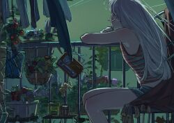  aki_a0623 arm_rest balcony blue_shorts commentary facing_away feet_out_of_frame flower_pot from_behind from_side green_background long_hair loose_hair_strand midriff original plant potted_plant radio shirt shorts simple_background sitting sleeveless sleeveless_shirt striped_clothes striped_shirt turning_head untranslatable_commentary white_hair 