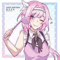  1girl ;) apron blue_eyes breasts commentary_request dated elf elysia_(golden_courtyard)_(honkai_impact) elysia_(honkai_impact) gift_art h3_hk hairband happy_birthday highres holding holding_ladle honkai_(series) honkai_impact_3rd ladle large_breasts long_hair official_alternate_costume one_eye_closed pink_apron pink_hair pointy_ears shirt simple_background smile solo very_long_hair white_hairband white_shirt 