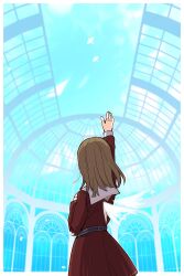  1girl arm_up blue_sky brown_dress brown_hair commentary_request cowboy_shot dress facing_away from_behind hand_on_own_chest hasu_no_sora_school_uniform highres kachimachi_kosuzu kanduki_kamibukuro link!_like!_love_live! long_hair love_live! medium_dress pleated_dress sailor_collar sailor_dress school_uniform sky solo virtual_youtuber white_sailor_collar white_wings wings winter_uniform 