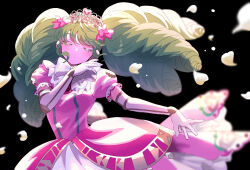  1girl black_background bow breasts closed_eyes closed_mouth colored_eyelashes commentary_request dancing dress elbow_gloves expressionless facing_viewer falulu gloves green_hair hair_bow hand_up highres idol_clothes long_hair petals pink_bow pink_dress pretty_series pripara puffy_short_sleeves puffy_sleeves sakuko_(softcream015) short_sleeves solo standing tiara twintails white_gloves 