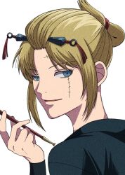  1girl bangs_pinned_back black_kimono blonde_hair blue_eyes commentary folded_ponytail gintama hadanugi_dousa holding holding_smoking_pipe japanese_clothes kimono kiseru kunai scar scar_on_cheek scar_on_face sleeveless sleeveless_kimono smoking_pipe solo tsukuyo_(gintama) untranslatable_commentary weapon yubi_nui21 
