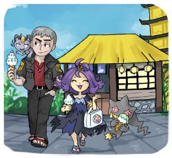  1boy 1girl :3 acerola_(pokemon) alolan_meowth armlet artist_name artsy-theo banette belt black_belt black_dress blue_sky border building casteliacone closed_eyes closed_mouth commentary day dress english_commentary eyelashes food grey_hair grey_jacket grey_pants hair_ornament height_difference holding holding_food holding_ice_cream holding_ice_cream_cone ice_cream ice_cream_cone in-universe_location jacket jewelry medium_hair nanu_(pokemon) necklace on_shoulder open_clothes open_jacket open_mouth outdoors pants patchwork_clothes pokemon pokemon_(creature) pokemon_on_shoulder pokemon_sm purple_hair red_shirt sandals shirt short_hair short_sleeves sky slurpuff smile very_short_hair white_bag white_border 
