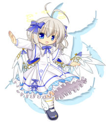  1girl angel_feather_alma antenna_hair black_shoes blue_bow blue_bowtie blue_eyes blue_ribbon bow bowtie commentary_request dress emil_chronicle_online frilled_dress frilled_shirt frilled_skirt frills hair_ribbon halo open_mouth ribbon rubyruby0403 shirt shoes skirt socks solo white_background white_hair white_shirt white_skirt white_socks white_wings wings 