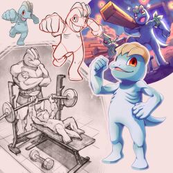  belt closed_eyes commentary_request crossed_arms dumbbell exercising fangs highres holding looking_down machoke machop no_humans open_mouth pokemon pokemon_(creature) pokemon_focus red_eyes shoupitsuki sketch standing timburr training weightlifting 
