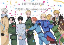  6+boys ahoge america_(hetalia) anniversary are_yoyou arm_up armband axis_powers_hetalia baggy_pants belt black-framed_eyewear black_belt black_gloves black_hair black_shirt blank_eyes blonde_hair blue_capelet blue_eyes blue_jacket blue_pants blush boots breast_pocket british_army brown_belt brown_boots brown_coat brown_eyes brown_jacket buttons capelet china_(hetalia) clenched_hand clenched_hands closed_mouth coat collared_capelet collared_coat collared_jacket collared_shirt commentary_request confetti copyright_name cowboy_shot cross english_text facial_hair france_(hetalia) from_side fur-trimmed_jacket fur_trim germany_(hetalia) glasses gloves green_jacket green_necktie green_pants green_shirt grey_hair hair_between_eyes hand_on_another's_chest hands_up height_difference highres hug hug_from_behind iron_cross jacket japan_(hetalia) lapels long_hair long_sleeves looking_at_another looking_at_viewer looking_back looking_down low_ponytail male_focus medal military_jacket military_uniform multiple_boys necktie northern_italy_(hetalia) one_eye_closed open_clothes open_jacket open_mouth orange_hair own_hands_together pants pocket ponytail puffy_long_sleeves puffy_sleeves red_armband red_pants russia_(hetalia) scarf semi-rimless_eyewear shirt short_hair sidelocks simple_background smile sparkle standing standing_on_one_leg star_(symbol) star_ornament star_print sweatdrop teeth tongue united_kingdom_(hetalia) united_states_army v v-shaped_eyebrows violet_eyes white_background white_jacket white_pants white_scarf white_shirt wide_sleeves yellow_eyes yellow_jacket yellow_pants 