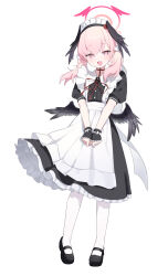  1girl :d absurdres alternate_costume apron back_bow bamyamsj black_shoes black_wings blue_archive blush body_markings bow bowtie commentary_request dot_nose dress enmaided facing_viewer feathered_wings fingerless_gloves frilled_apron frilled_dress frilled_gloves frills full_body gloves hair_between_eyes hair_ornament halo head_tilt head_wings highres koharu_(blue_archive) korean_commentary loafers looking_at_viewer low_twintails low_wings maid maid_apron maid_headdress medium_hair neck_ribbon open_mouth pantyhose pink_eyes pink_hair pink_halo pom_pom_(clothes) pom_pom_hair_ornament puffy_sleeves red_ribbon ribbon shoes short_sleeves simple_background smile solo standing tongue twintails v_arms white_background white_bow white_pantyhose winged_halo wings 
