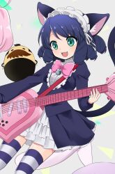  1girl :d animal_ear_fluff animal_ears arisugawa_maple bell blue_hair bow bowtie cat_ears cat_girl cat_tail center_frills cowboy_shot cropped cyan_(show_by_rock!!) dot_nose electric_guitar facial_hair fangs frilled_hairband frills gothic_lolita green_eyes grey_background guitar guitar_strap hairband highres ica instrument jingle_bell light_blush lolita_fashion lolita_hairband long_sleeves mustache open_mouth out_of_frame pink_bow pink_bowtie ringlets show_by_rock!! smile sparkling_eyes striped_clothes striped_thighhighs swept_bangs tail teeth thigh-highs upper_teeth_only white_hairband zettai_ryouiki 