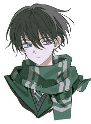  1boy animification black_hair black_robe blue_eyes closed_mouth commentary_request cropped_shoulders diagonal-striped_clothes diagonal-striped_necktie double-parted_bangs dress_shirt floating_hair green_necktie green_scarf grey_sweater_vest hair_between_eyes harry_potter_(series) hogwarts_school_uniform kogo58 korean_commentary light_frown looking_to_the_side loose_hair_strand male_focus necktie pale_skin portrait regulus_arcturus_black robe scarf school_uniform shirt short_hair slytherin solo striped_clothes striped_scarf sweater_vest white_background white_shirt wizarding_world 