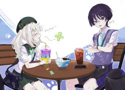  1boy 1girl :p alternate_costume animal_bag aqua_necktie aqua_trim aranara_(genshin_impact) asymmetrical_sidelocks backpack bag baseatoz bead_bracelet beads beret black_bag black_hair black_hat black_shorts blunt_ends blush bow bowl bowtie bracelet cat_bag cellphone chair closed_eyes collared_shirt colored_tips commentary_request contemporary crossed_arms cup disposable_cup drinking_straw emblem eyelashes eyeliner facing_another food frown genshin_impact glass green_hair green_hat green_skirt grey_sweater_vest hair_ornament hairclip hand_on_own_arm happy hat highres holding holding_cup ice ice_cube jewelry juice korean_commentary long_hair looking_at_viewer makeup multicolored_hair nahida_(genshin_impact) necktie official_alternate_costume open_mouth paw_print phone pink_bow pink_bowtie pleated_skirt purple_bag purple_trim red_eyeliner red_sailor_collar round_table sailor_collar scaramouche_(cat)_(genshin_impact) scaramouche_(genshin_impact) school_uniform shaved_ice shirt short_sleeves shorts shoulder_bag side_ponytail sidelocks sitting skirt smartphone sweatdrop sweater_vest table tongue tongue_out translation_request tsurime undershirt unworn_hat unworn_headwear violet_eyes wanderer_(genshin_impact) wanderer_(mega_mgc_coffee)_(genshin_impact) white_background white_hair white_shirt white_sleeves wispy_bangs wooden_chair wooden_table wristband 